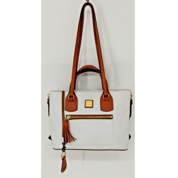 Dooney & Bourke Morgan Satchel White Pebbled Leather Bag Tan Trim Tassel Tote - Picture 1 of 14